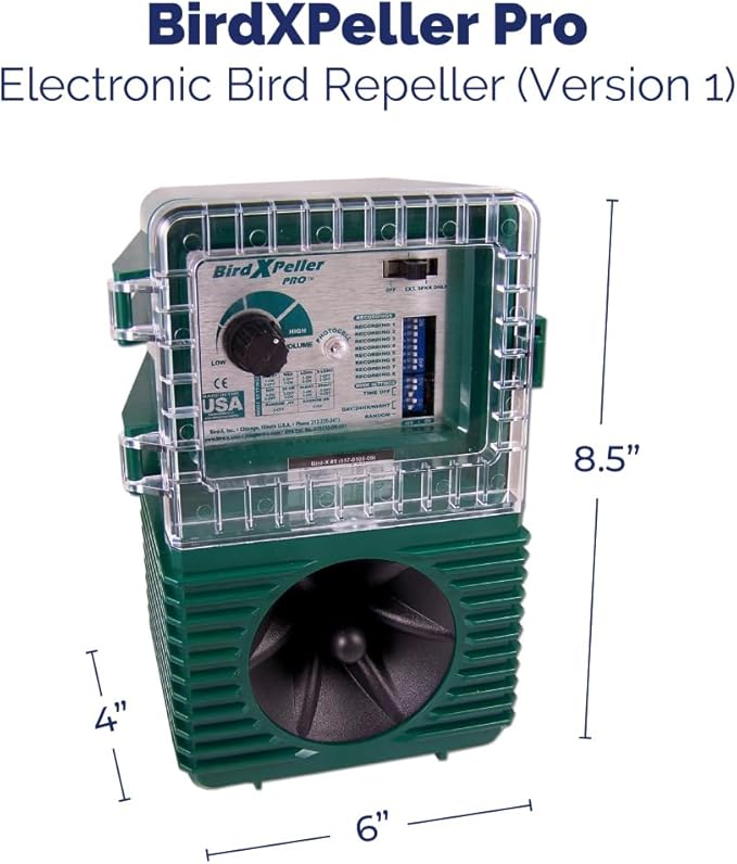 Bird-X BirdXPeller Pro Electronic Bird Preventer Version 1, Sonic Bird Decoy Device, Perfect for Pigeons, Starlings, Sparrows, and Gulls, Covers up to 1 Acre, 3-5 kHz Frequency