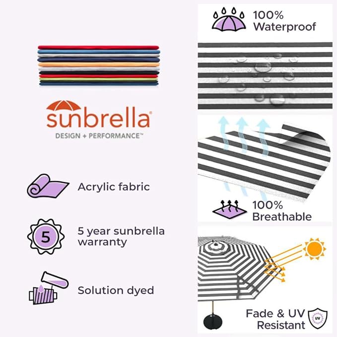 Midtown Umbrellas Push Pop Sunbrella Umbrella 10 Feet Large Outdoor Umbrella With Black & White Acry Fabric - Deck Patio Umbrella, Backyard Umbrella, Garden Umbrella & Pool Umbrella - Black Pole