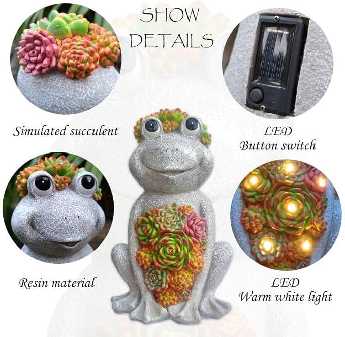 VIOYOUNS Large Frog Solar Garden Outdoor Statues with Succulent and 8 LED Lights,Outside Solar Frog Art Decor for Lawn,Yard, Balcony Ornament