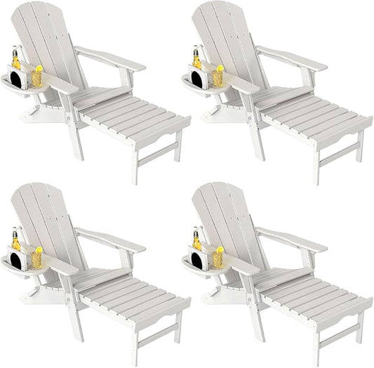 Adjustable Adirondack Chair with Retractable Ottoman Set of 4, HDPE Folding Adirondack Chair with Cup Holder, All Weather Fire Pit Chair for Outdoor.