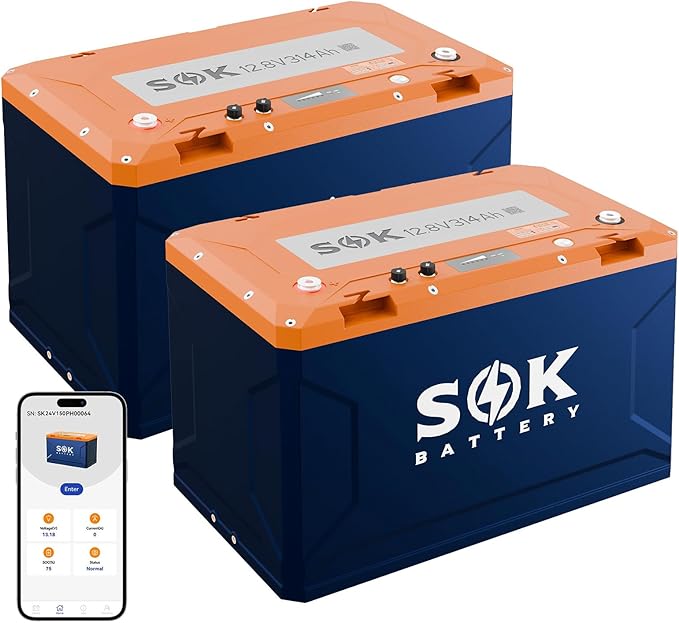 SOK Battery 314Ah 12V 2-Pack LiFePO4, deep cycle, low temperature power off, built in heater, ABS housing, marine grade.