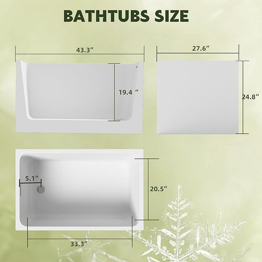 43-Inch Acrylic Freestanding Bathtub with Seat, Rectangular Soaking Tub Spacious, Gloss White Finish, Chrome Slotted Overflow and Pop-Up Drain