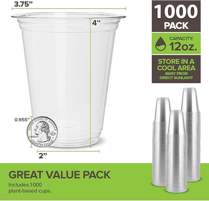 Stock Your Home 12 oz Clear Commercially Compostable Cold Cups (1000 Pack), Eco Party Cups, Disposable Cups for Water and Wine
