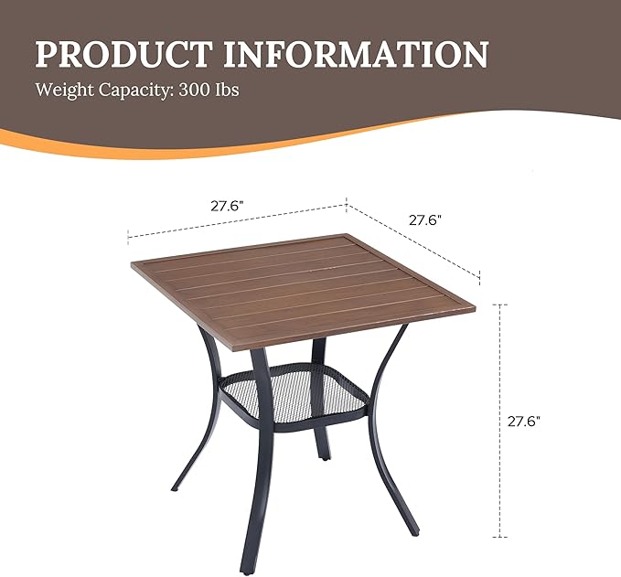 VICLLAX Small Square Outdoor Patio Table, All Weather Metal Outdoor Dining Table for Lawn Garden, 27.5"x 27.5" Patio Table for Outside, Walnut Tabletop