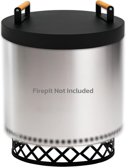 FEBTECH - Smokeless Fire Pit Accessories Combo - Heavy Duty Carbon Steel 15" Firepit Base Ring,15.5" Lid with 2 Wooden Handles - Fireplace Tools Kit for Camping, Patio, Bonfire Use