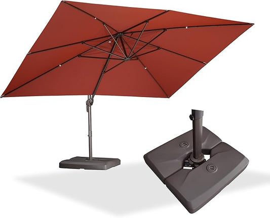 PURPLE LEAF 10' X 13' Patio Cantilever Umbrella with Base Rectangle Umbrella Outdoor with Aluminum Offset Hanging and 360° Rotation for Pool Garden Deck Patio, Brick Red