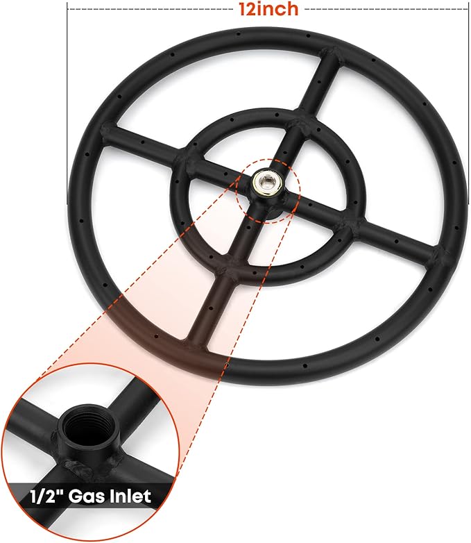 Stanbroil LP Propane Gas Fire Pit Burner Ring Installation Kit, Black Steel, 12-inch