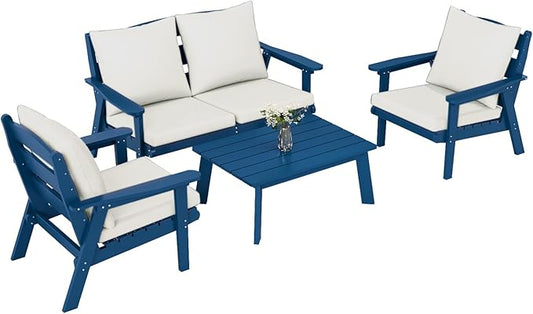 FOOWIN 4-Piece Patio Furniture Set, HDPE All-Weather Outdoor Conversation Set with Thick Cushions, Sectional Patio Sofa Furniture for Deck, Porch, Lawn, Garden, Navy Blue Frame & White Cushion