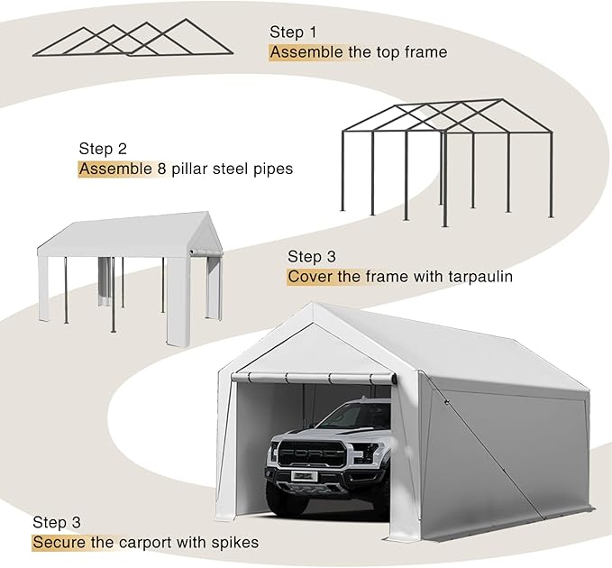 Carport Canopy 10x20 Heavy Duty, Portable Carport Garage with Removable Sidewalls and Door, Car Port with Waterproof Canopy for All Season (White)