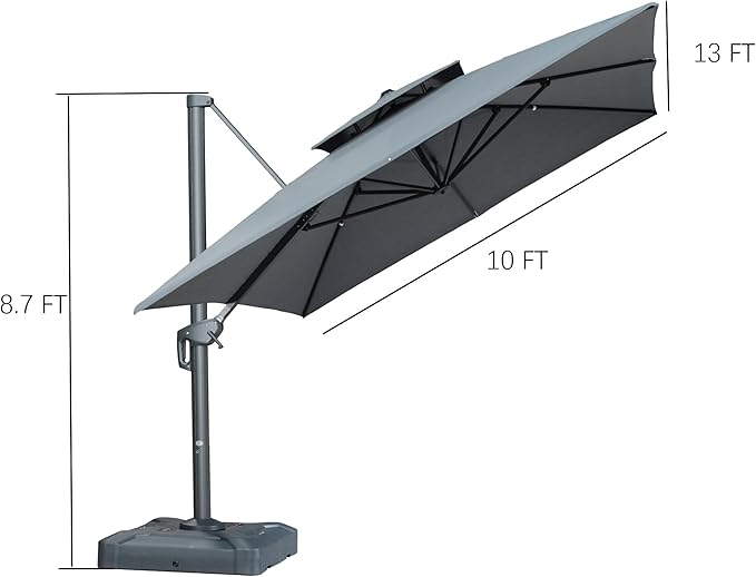 PURPLE LEAF 10' X 13' Double Top Cantilever Patio Umbrella Deluxe Large Outdoor Umbrella Rectangle Offset Umbrella with Fade Resistance for Garden Deck Pool Patio, Mist Grey