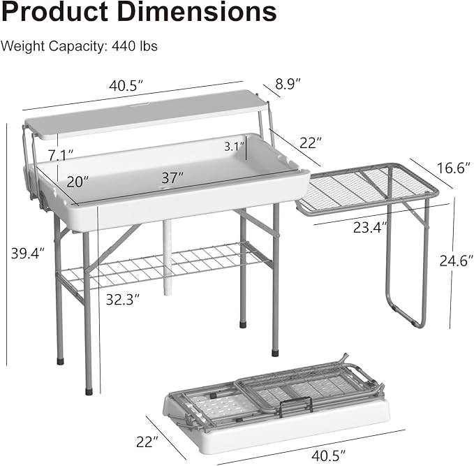 IWDOO Two Tier Ice Cooler Table with Foldable Extension Stand, 4 Foot Outdoor Ice Table with Matching Skirt & Drain Hose, Folding Cooler Server with Metal Shelf for Party, BBQ, Camping Picnic, White