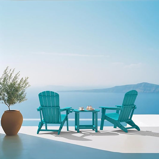 Plawdlik Folding Adirondack Chair, SGS Tested, Wooden Textured with Cup Holder, Heavy All-Weather HDPE Comfortable Set Poolside Backyard Lawn Aruba Blue Set 4