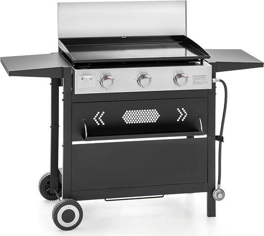 MFSTUDIO Flat Top Grill with Ceramic Coated Cast Iron Griddle, 3-Burner Propane Gas BBQ Griddle Grill, Outdoor Barbecue Grill,33,000 BTU,Black