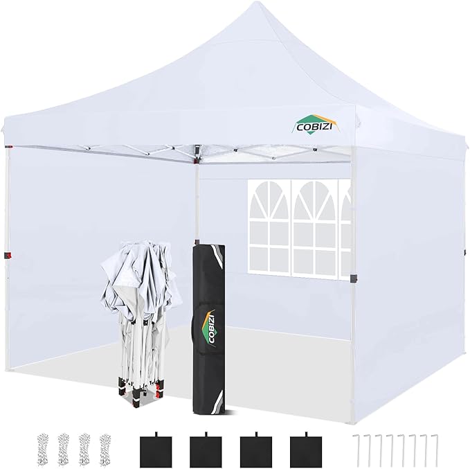 COBIZI 10x10 Pop Up Canopy with 3 Sidewalls, Canopy Tent 10x10 for Parties, Backyard, Commercial, Waterproof and Portable Instant Shelter UV50+ Ez Outdoor Canopy Gazebo with 4 Sandbags(White)