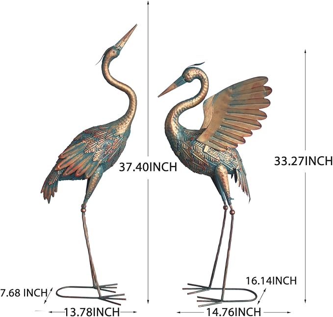 Oritty 33-37 Inch Metal Crane Garden Statue Décor, Bird Heron Garden Sculpture & Statues, Outdoor Decoration for Yard Pond Lawn Backyard Pool, Vintage Spread Wings Crane, Set of 2 Copper
