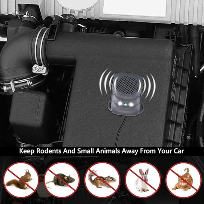 Under Hood Rodent Repeller Ultrasonic Rodent Repellent for Car Engine Rat Deterrent Keep Mice Out of Vehicle 24V 12V Mouse Repeller Wires RV Protection 2 Pack