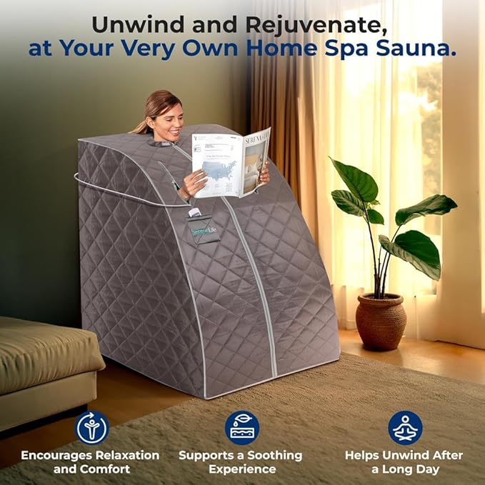 SereneLife Portable Sauna Box for Home, Infrared Sauna Tent with Heated Foot Pad and Folding Chair, Remote Control In-Home Spa, 38" x 32”
