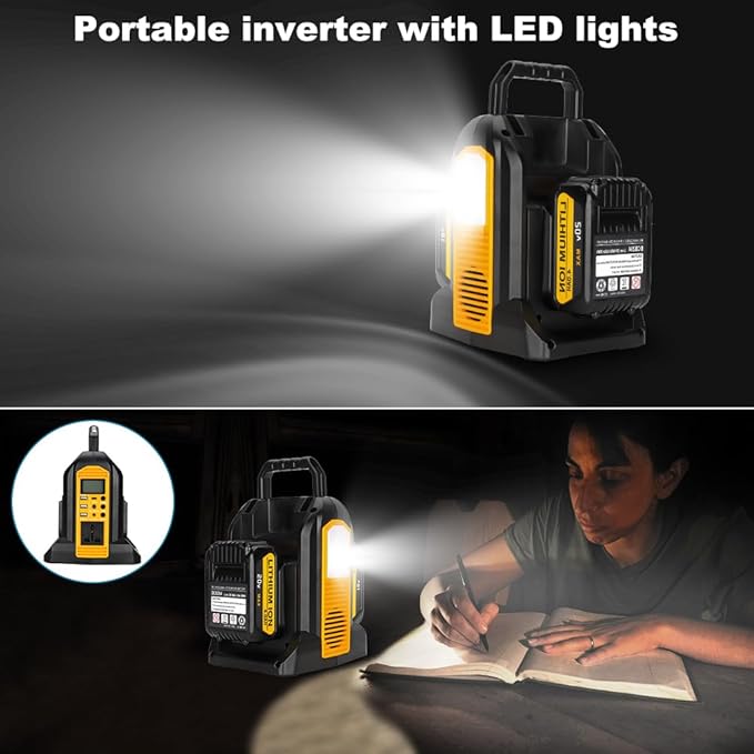 350W Pure Sine Wave Power Inverter for DeWalt 20V & 60V MAX Batteries, Dual-Battery Ports DC 20V/60V to AC 110–120V Inverter with LED Light, AC Outlet, USB-A, Type-C & DC Port (Tool Only)