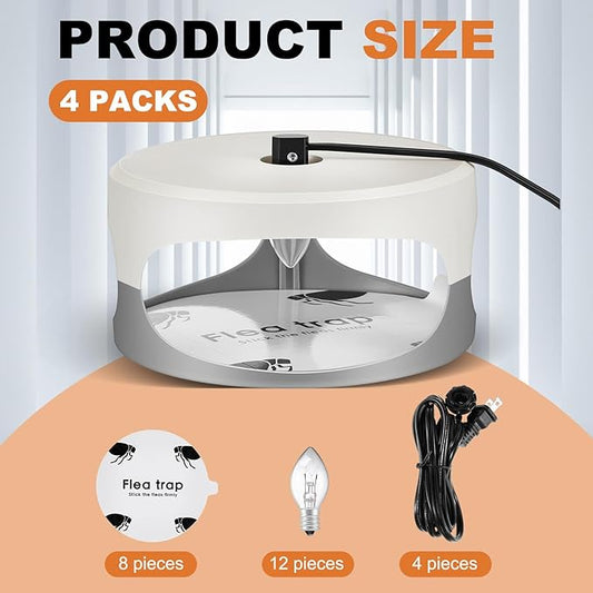 4 Packs Flea Traps for Inside Your Home with 8 Sticky Disc 12 Bulbs 4 Electric Wires Flea Killer Indoor Bed Bug Light Trap for Home Indoor Safe to Pets(White, Gray)