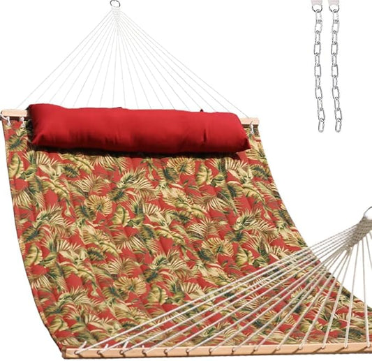 Lazy Daze Hammocks 12FT Quilted Fabric Hammock with Soft Pillow, Double 2 Person Tree Hammock with Spreader Bar for Outside Patio Poolside Backyard Beach, 450 lbs Capacity, Red Leaf