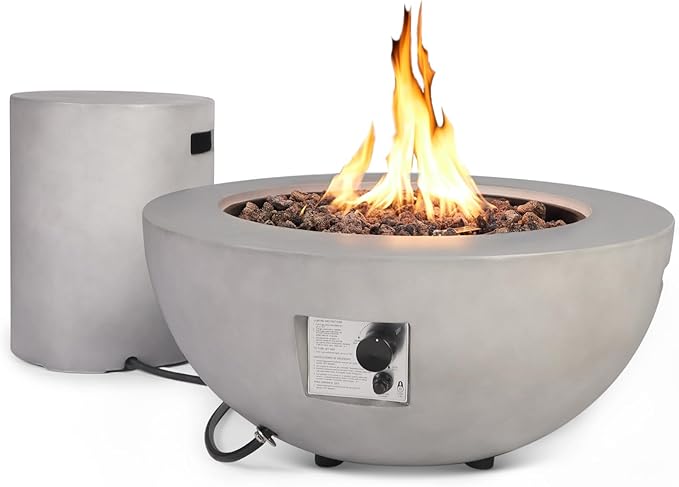 31.5 Inch Outdoor Propane Fire Pit Table w Tank Cover, 2 Pieces Concrete Gas Fire Pit 50,000 BTU Round Burner CSA Certification Fire Bowl with Tank Cover for Outside Patio, Backyard, Deck