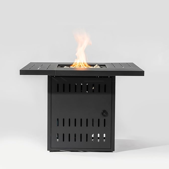 Propane Fire Pit Table, 34" Firepits for Outside, Gas Fire Pit for Outside Patio, Propane Fire Table with Steel Lid, Rocks for Backyard, 50000BTU, Tank Inside, Tank Not Included, Black