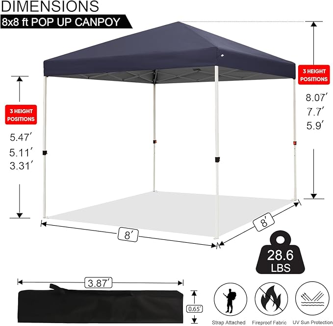 Northroad 8X8 FT Pop Up Canopy, Outdoor Instant Canopy Tent w/Carrying Bag, Portable Gazebo Shelter for Wedding Party,Commercial Event,Patio,Garden,Beach -Dark Grey