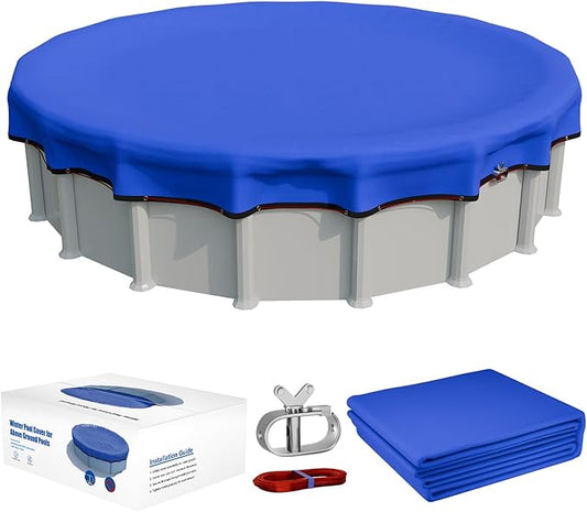 [Upgraded] 18ft/21ft/24ft/28ft Round Winter Pool Covers for Above Ground Pool Cover 24FT Cover 4FT Overlap - 500D Windproof with Steel Cable & Heavy Duty Winch - Swimming Pool Winter Cover Blue