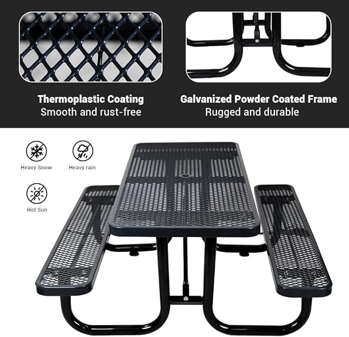 Rueekfil 72" Thermoplastic Picnic Table with Umbrella Hole up to 1.5", Heavy Duty Commercial Picnic Table for Outdoor, Family & Party Ready for School Camping, Rectangular, Blue