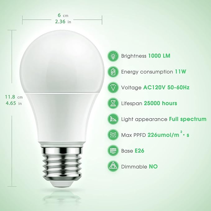 Briignite LED Grow Light Bulbs, Full Spectrum, Plant Light Bulbs E26 Base, 11W, 100W Equivalent, 3Pack