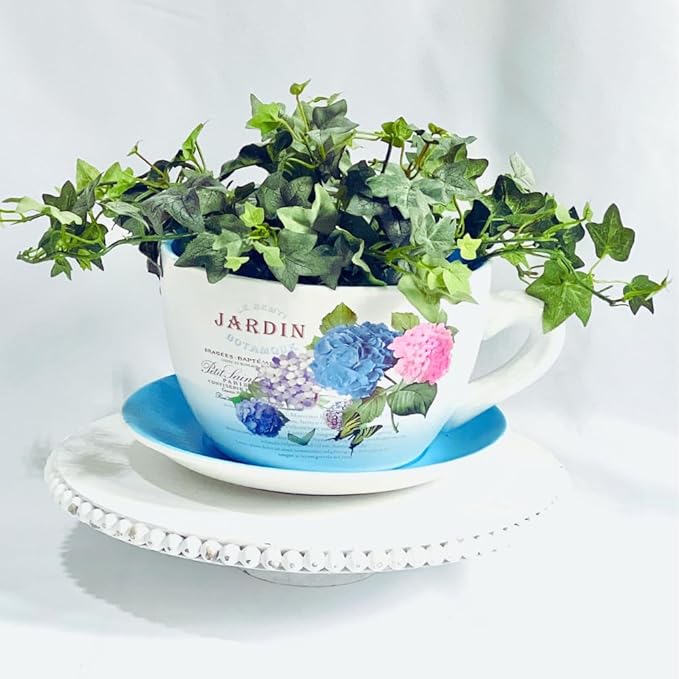 7.5” Round Ceramic Teacup Shape Planter Pot with Saucer for Succulents Orchid Herbs Cactus Indoor Houseplants Flowers for Home Garden and Event Decor – Yellow Butterfly Garden