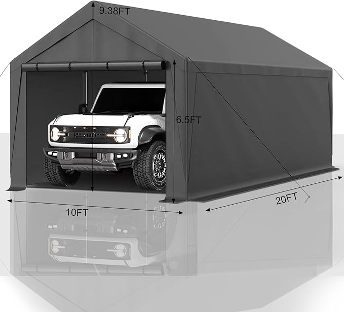 Carport 10x20ft Heavy Duty Canopy,Portable Garage Party Tent,Portable Garage with Removable Sidewalls & Doors All-Season Tarp for Car,Truck,Party Grey