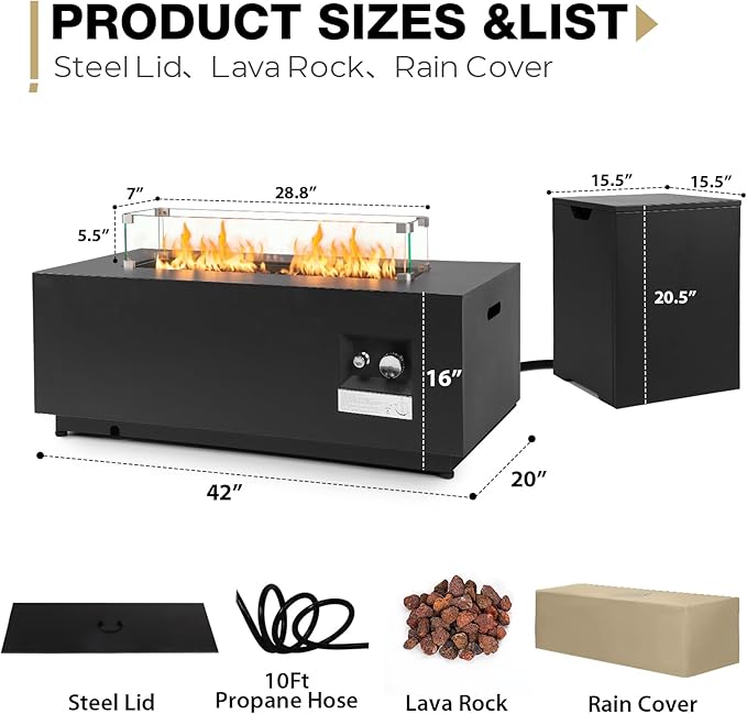 42” Rectangle Fire Pit Table Propane, 50,000 BTU Outdoor Steel Firepit with Tank Cover, Wind Guard, Waterproof Cover, Lava Rocks for Outside Patio Backyard, Black