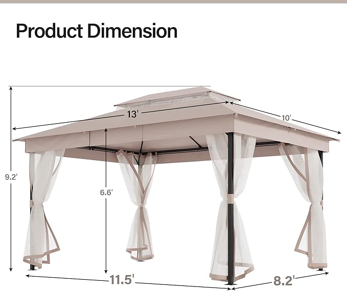 LAUSAINT HOME 10' X 13' Waterproof Patio Gazebo with Mosquito Netting, Double Roof Outdoor Gazebo Pavilion Shelter for Backyard, Garden, Lawn, Wedding (Khaki)