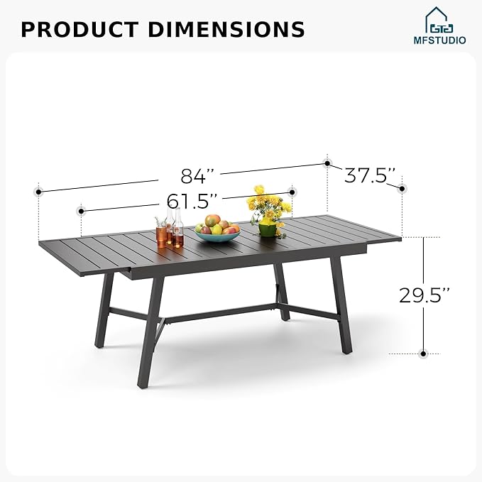 MFSTUDIO Outdoor Dining Expandable Table,Adjustable Outdoor Inclined Leg Rectangle Table for 6-8 Person Lawn,Garden,Black Metal Frame