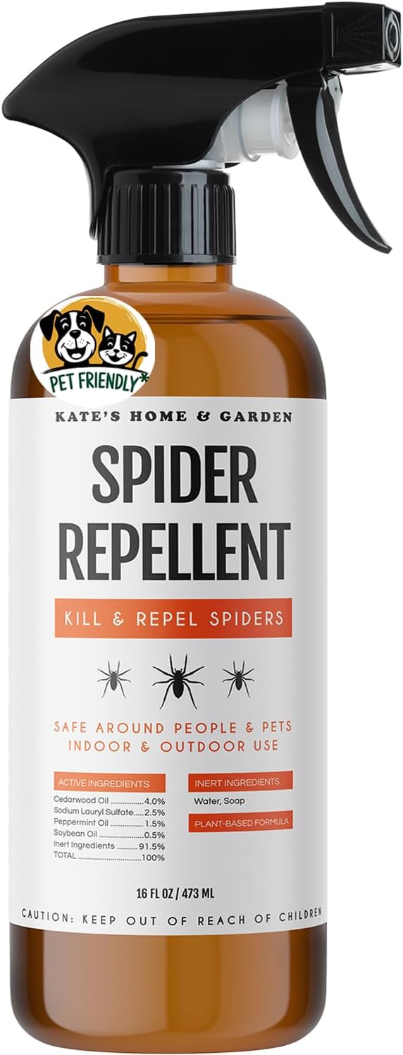 Kate's Home & Garden Spider Repellent Indoor. All Natural Peppermint Oil Spray for Spiders & Outdoor (16oz, Non Toxic Pesticide & Insecticide, Pet Safe)