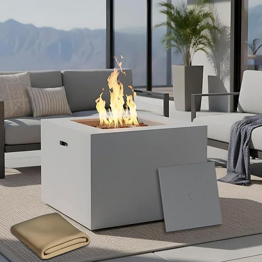 32" Smokeless Outdoor Alloy Steel Fire Pit Table w/Lid, All in One Propane Fire Table, Square Patio Firepit Table 50,000 BTUs, Lava Rocks, Weatherproof Cover, CSA Certified, for Outside Patio