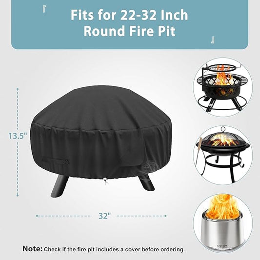 SHINESTAR Round Fire Pit Cover for 22-32 Inch Fire Pit - Waterproof and Windproof, with Straps and Built-in Vents, 32 Dia x 13.5 H, Black