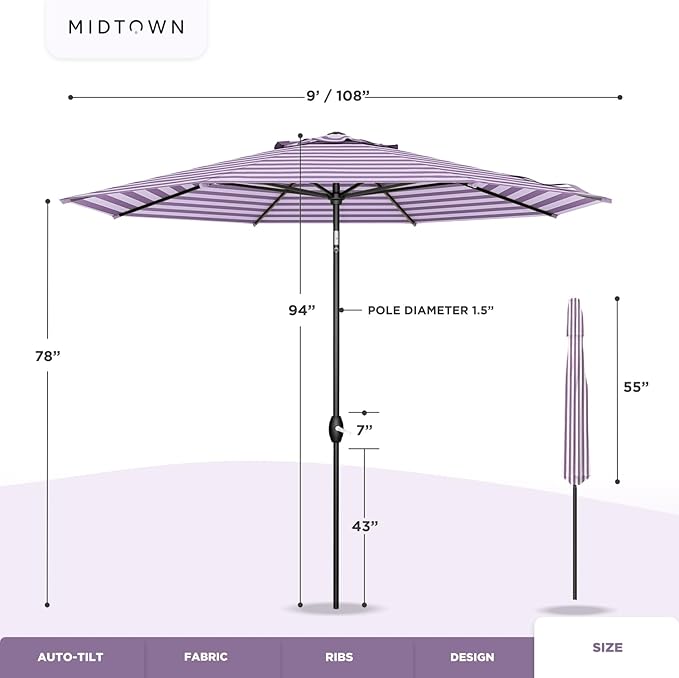 MIDTOWN UMBRELLAS The Lean 9 Feet Outdoor Umbrella With Terylast Midtown Stripes (Purple/White Stripes) Polyester Fabric - Auto-Tilt Aluminum Frame Patio Umbrella For Deck, Garden, Pool - Black Pole