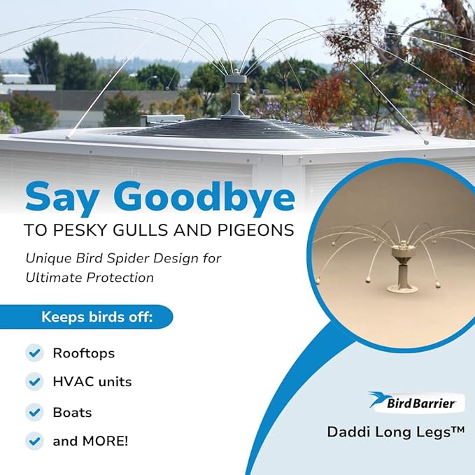 Bird Barrier Daddi Long Legs - 8 Ft | Scare Birds Away with Innovative Bird Spider Design | Bird Deterrent for Outside | Easy Installation on Roofs, Boats & HVAC Units | Durable Stainless |Made in USA