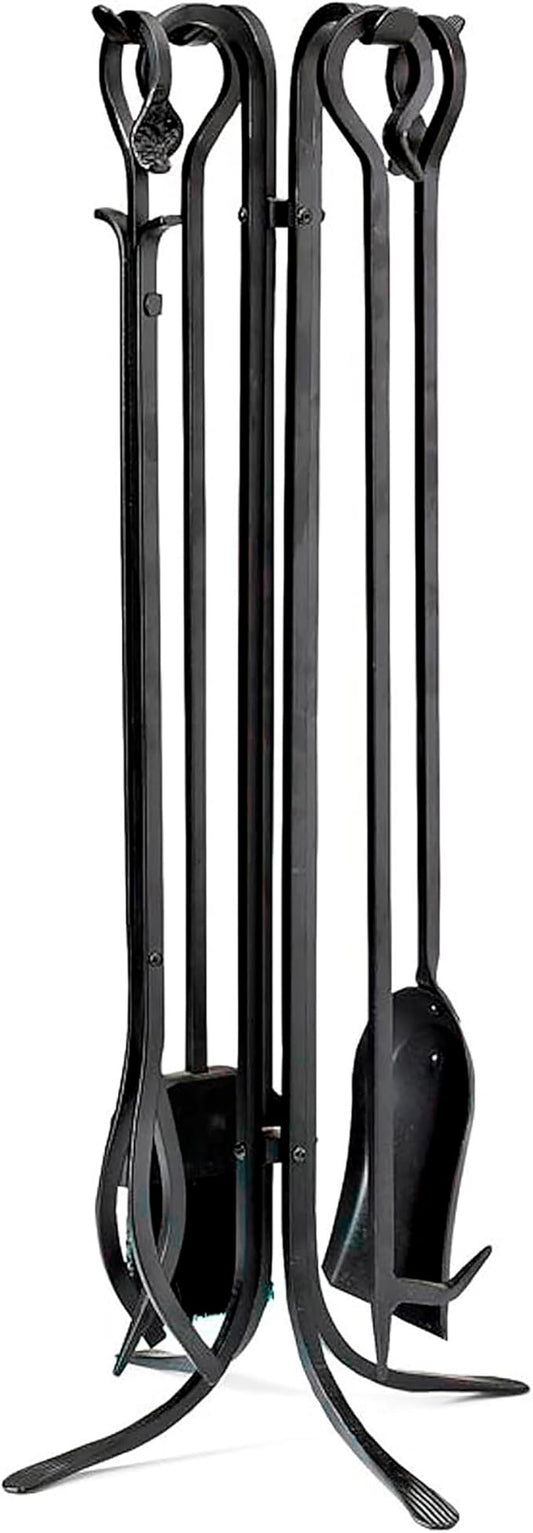 Plow & Hearth 5 Piece Hand Forged Iron Compact Fireplace Tool Set 32.5" | Black Wrought Iron Handle for Outdoor Indoor | Stand Poker Shovel Brush Log Tongs Wood Stove Accessory