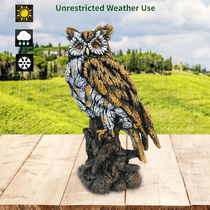 VV-Ladybug Solar Owl Resin Statue Hand - Painted Garden Decor with LED Light, Perched on Tree Stump Figurine for Outdoor Indoor Yard Patio Home Decoration