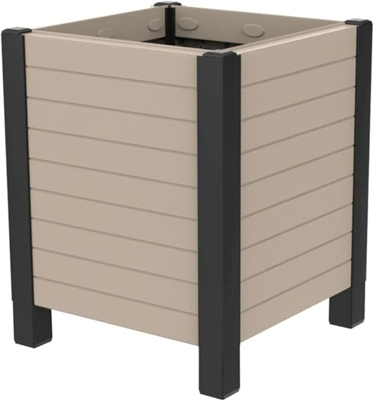 Tierra Verde 17-Inch x 17-Inch Flora Cube Planter Box with Tool-Free Connect System and Crafted from Recycled Materials, for Patios or Decks, Khaki