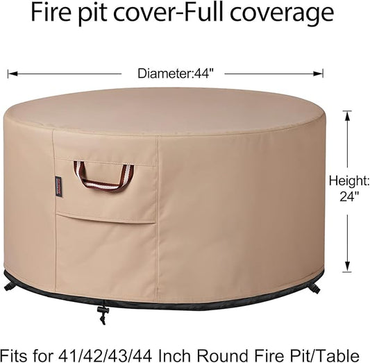 QH.HOME Fire Pit Cover Round-41-44 Inch Heavy Duty 900D Strong Tear-Resistant and UV Resistant and Waterproof and Fading Resistant Material Polyester Firepit Covers Round for Outdoor Fire Pit-Wheat