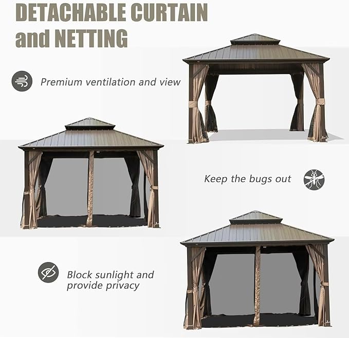 Domi 10'x10' Hardtop Gazebo Canopy,Outdoor Metal Gazebo with Galvanized Steel Double Roof,Curtain and Netting,Permanent Gazebos Pavilion for Patio Deck,Backyard