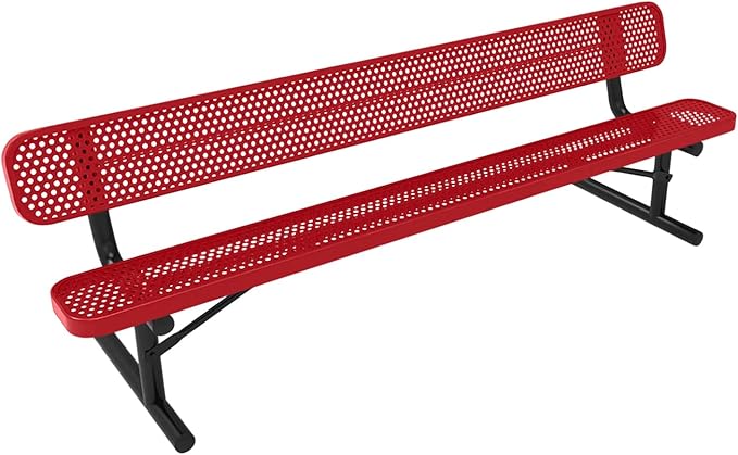 COATEDOUTDOORFURNITURE Heavy-Duty Portable Outdoor Bench Thermoplastic Coated, Punched Steel, Commercial-Grade Seating, Made in America (Portable with Back, 8 Ft, Textured Red)