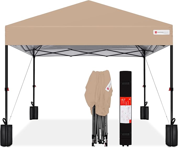 Best Choice Products 8x8ft 1-Person Setup Pop Up Canopy Tent Instant Portable Shelter w/ 1-Button Push, Case, 4 Weight Bags - Tan