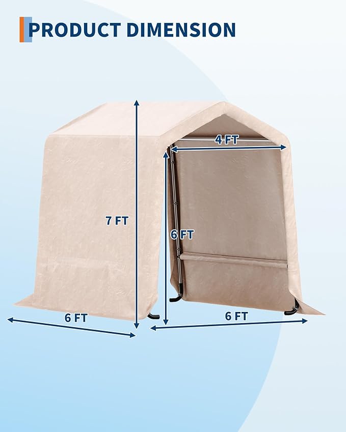  6X6 FT Heavy-Duty Portable Outdoor Storage Shed with Roll-Up Zipper Door & Vent, 240g Waterproof Carport Storage Shelter, UV-Resistant Canopy for Motorcycle, Firewood, Tools -Gray ﻿