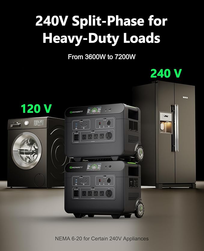 GROWATT HELIOS 3600 Portable Power Station and BP3600 Expansion Battery,7372Wh LiFePO4 Batteries 120V/240V 3600W AC Outpu Solar Generator for Home Backup, RVs, Power Outages, and Outdoor Camping
