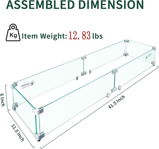 Fire Pit Wind Guard - 41.5" x 11.5" x 6" Rectangular for Outdoor Fire Pit Table, Thick & Durable Tempered Glass w/Hard Aluminum Corner Brackets, Quick Assembly